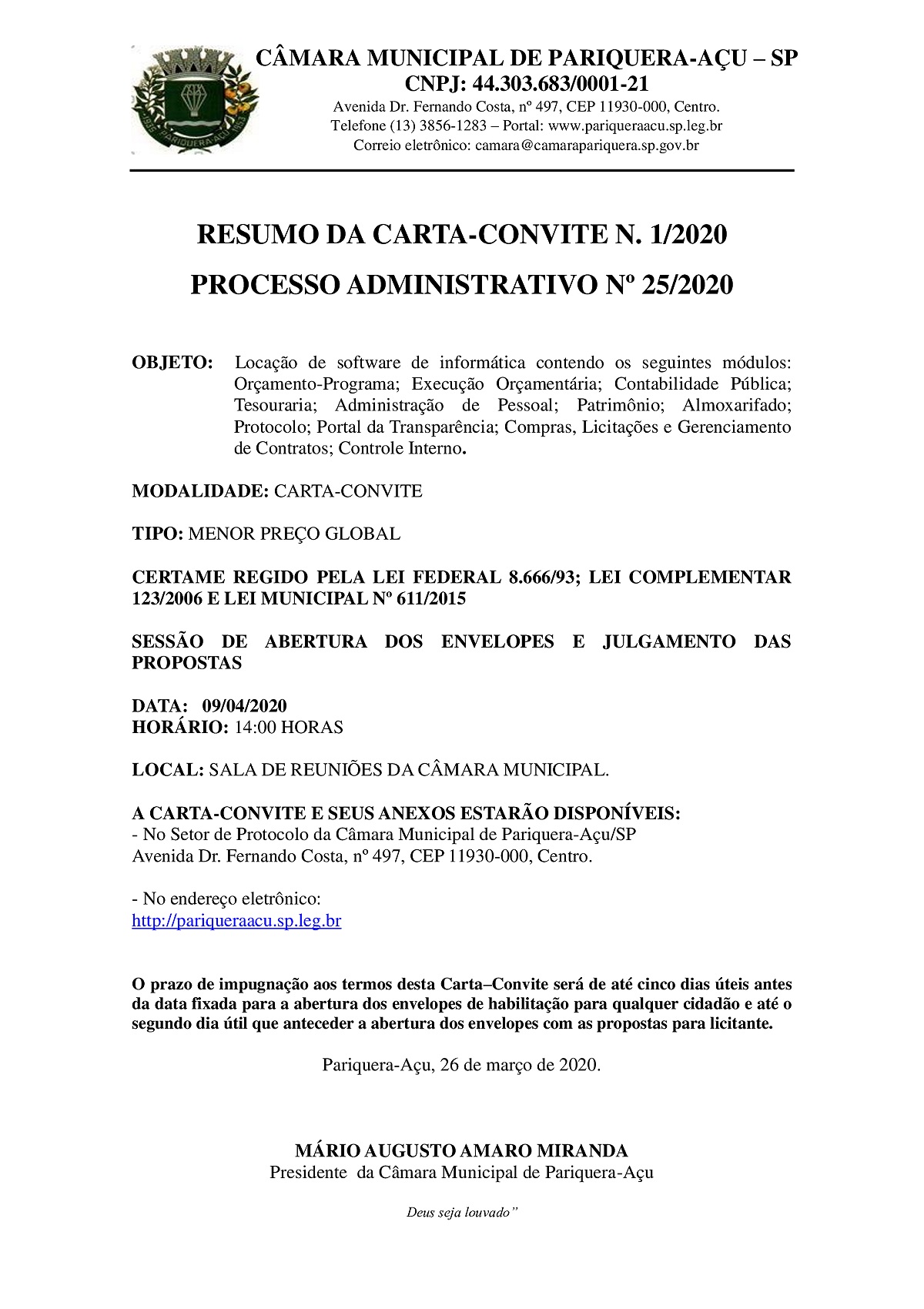 Ata da Sessão de Abertura dos envelopes e julgamento das propostas da Carta-Convite nº 1/2020.
