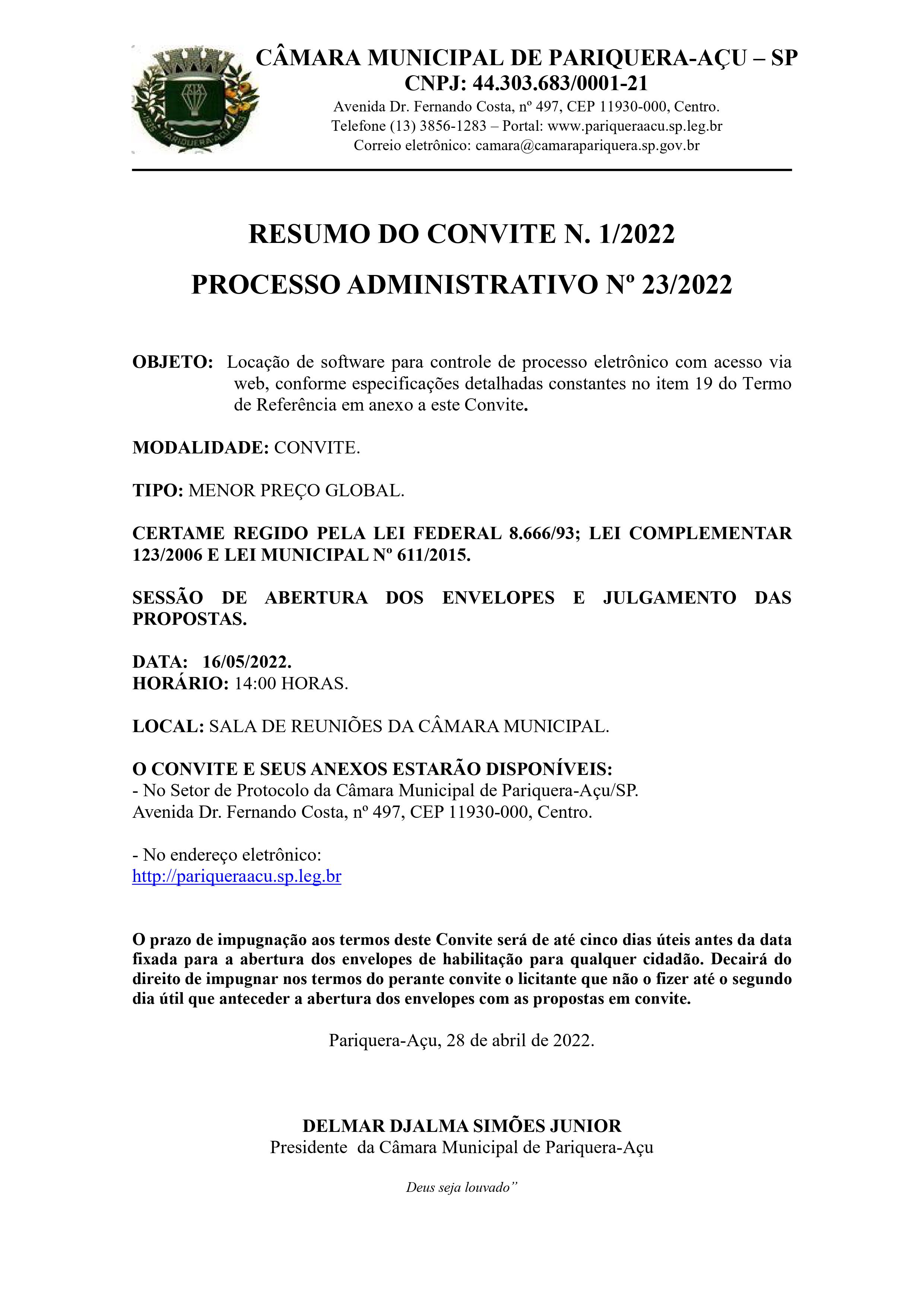 CONVITE Nº 01/2022 - Locação de software para controle de processo eletrônico com acesso via web.