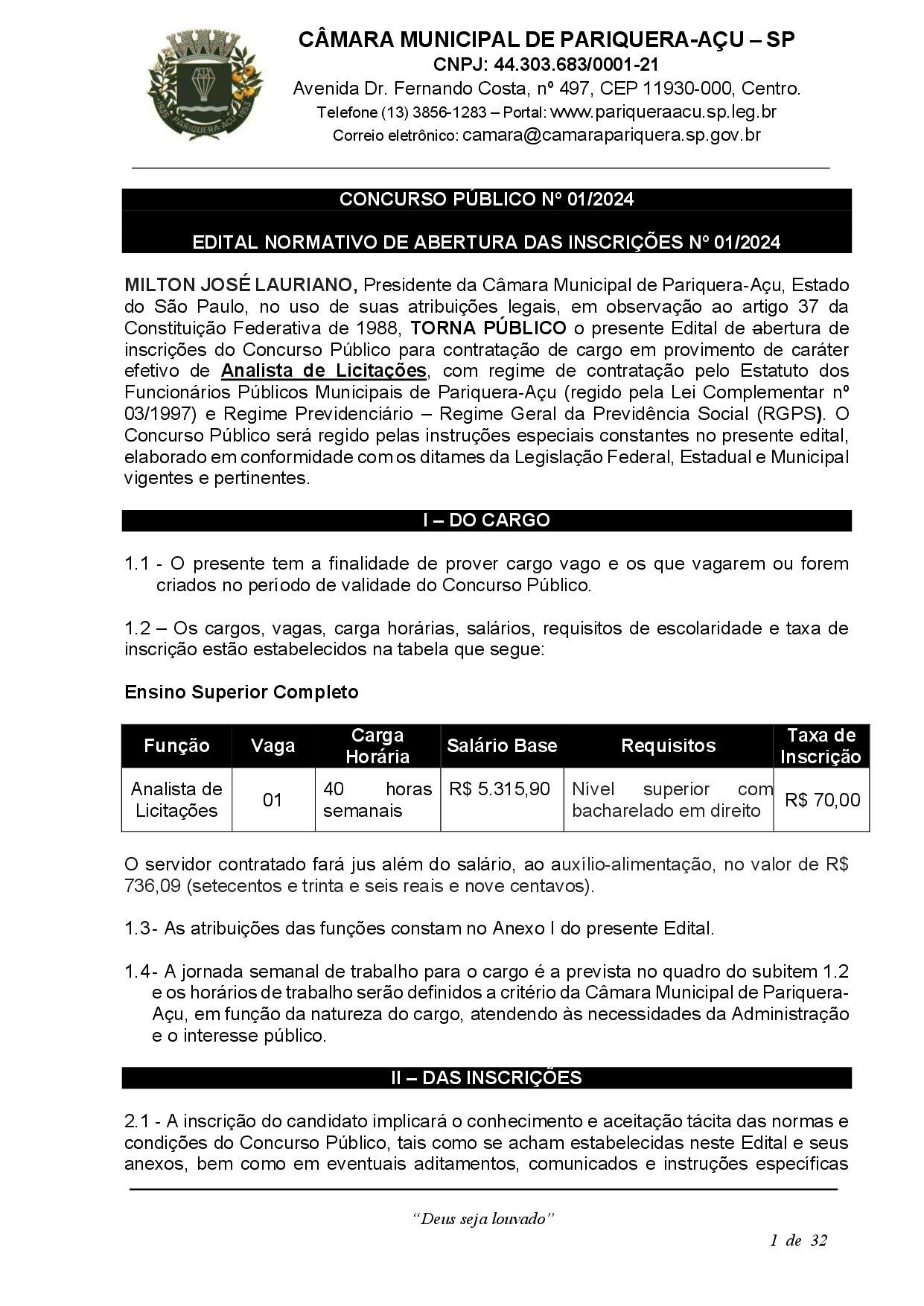 EDITAL DE ABERTURA DE CONCURSO PÚBLICO
