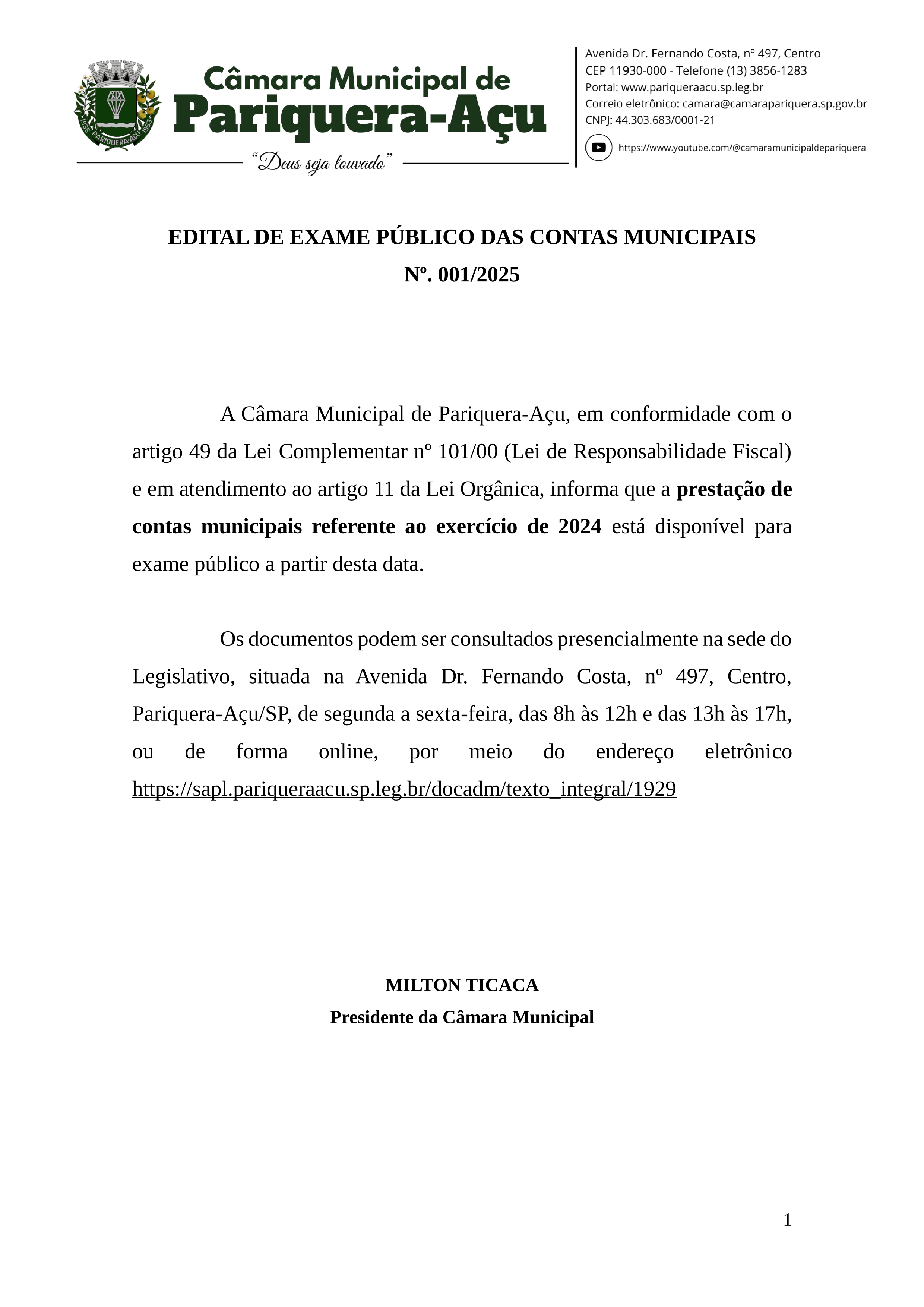 EDITAL DE EXAME DAS CONTAS MUNICIPAIS 01/2025