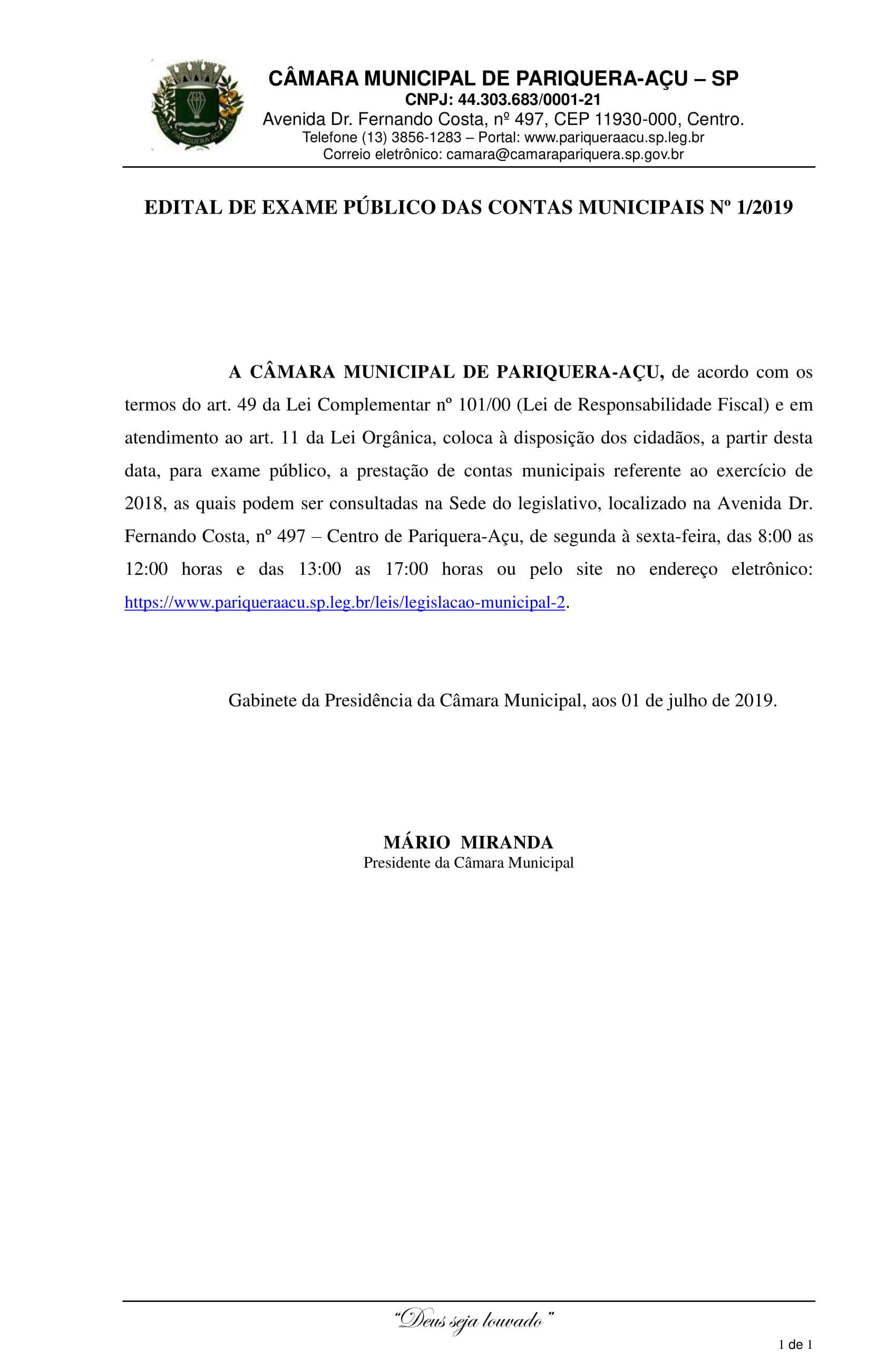Edital de Exame Público das Contas Municipais nº 1/2019