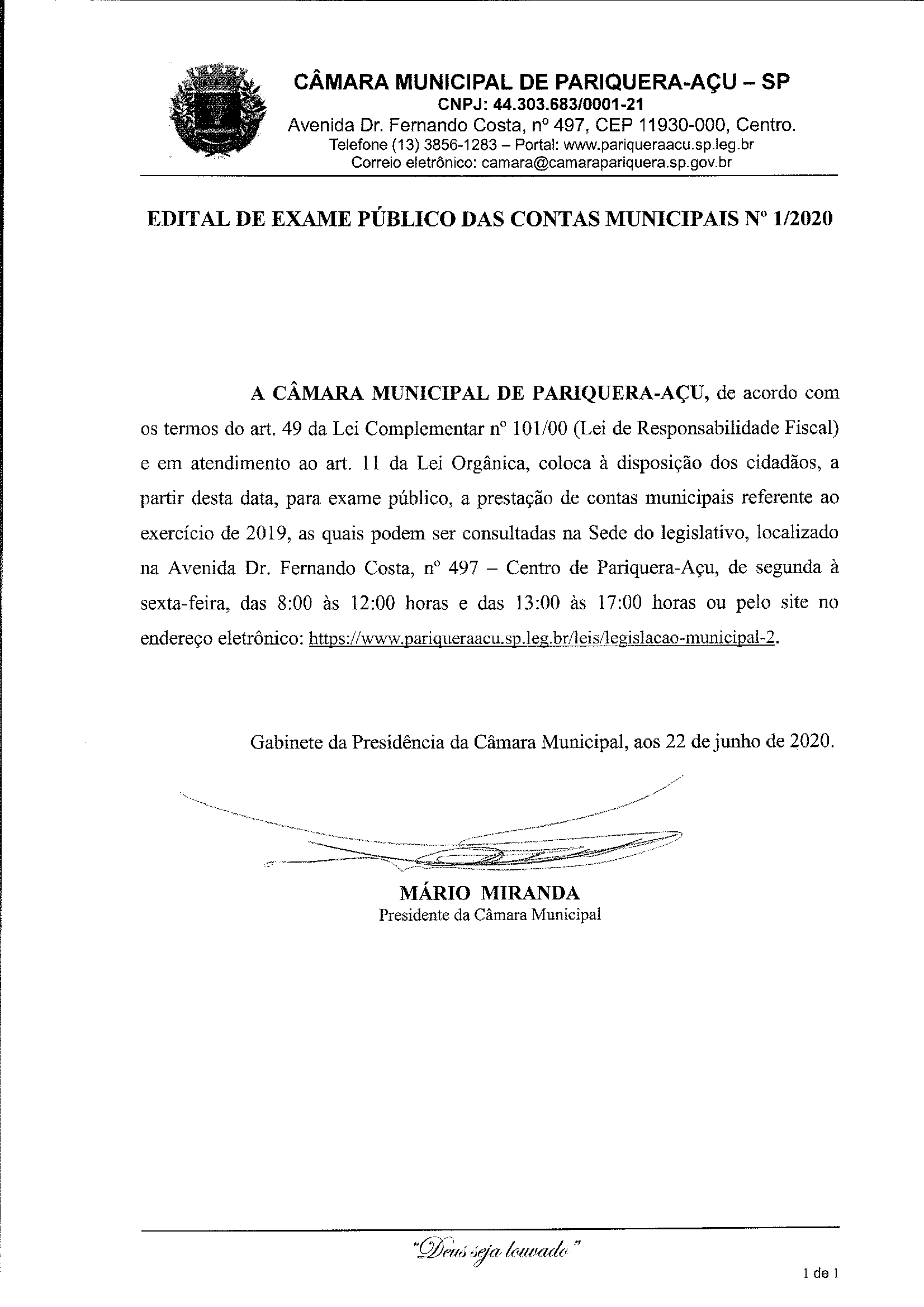 Edital de Exame Público das Contas Municipais nº 1/2020