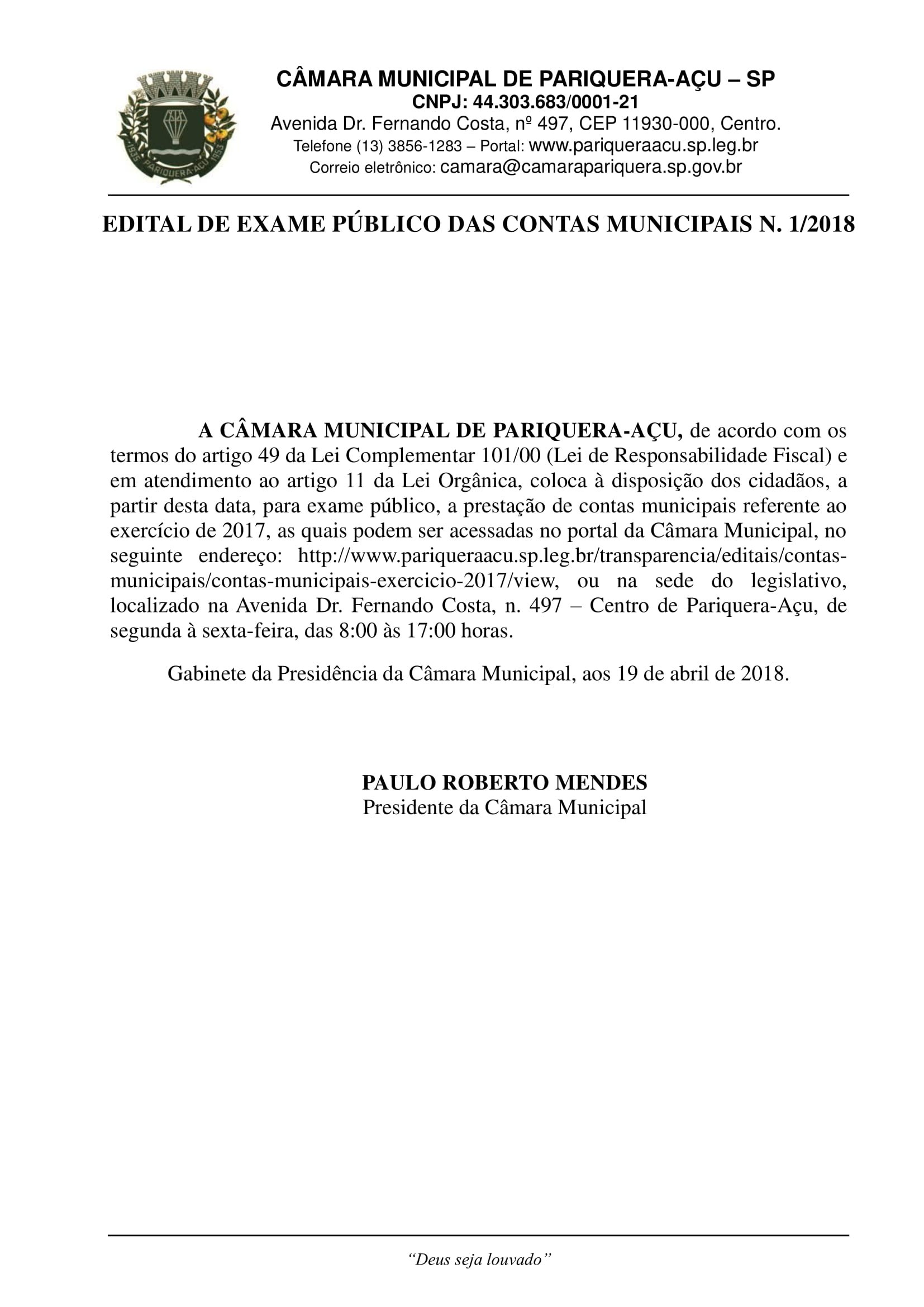 Edital de Exame Público das Contas Municipais nº 1/2018
