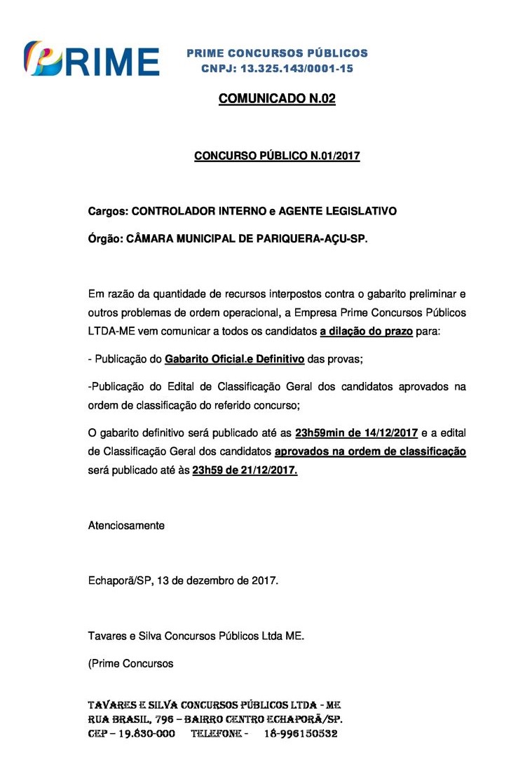 Nota de Esclarecimento nº 2 da Empresa Organizadora do Concurso Público nº 1/2017- Gabarito Oficial