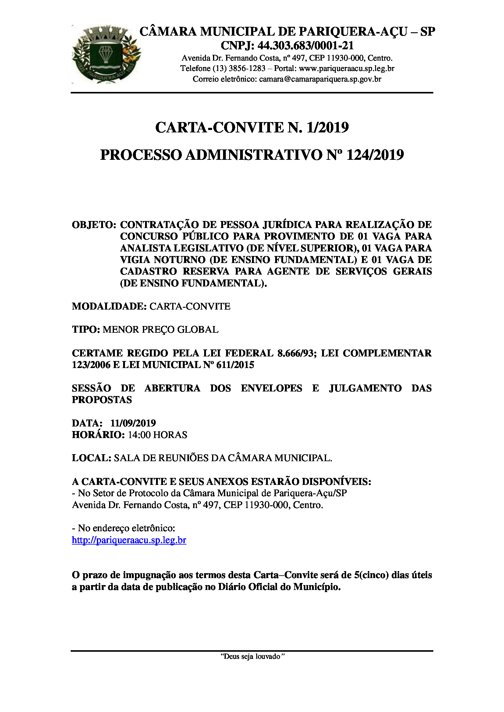Termo de Adjudicação da Carta-Convite nº 1/2019.