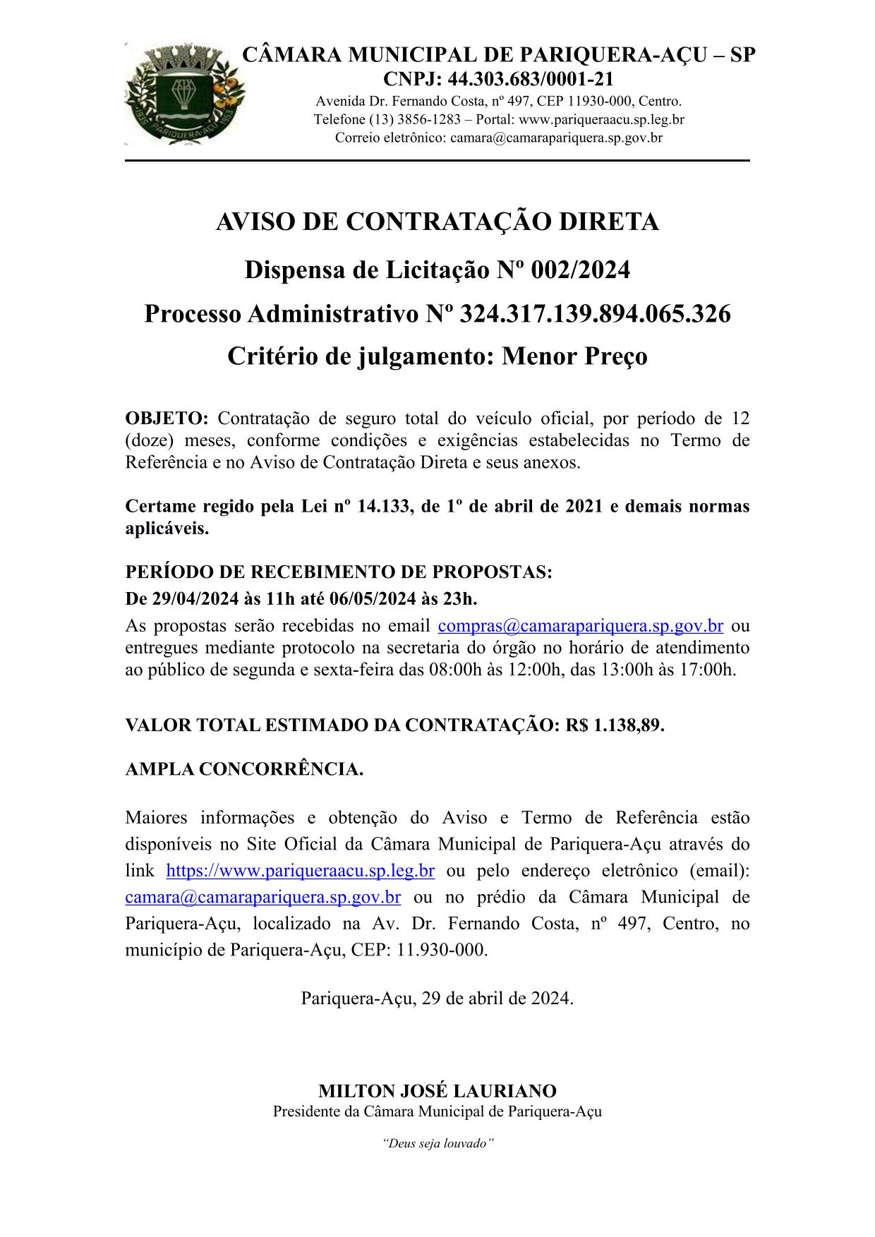 AVISO DE DISPENSA DE LICITAÇÃO Nº 002/2024