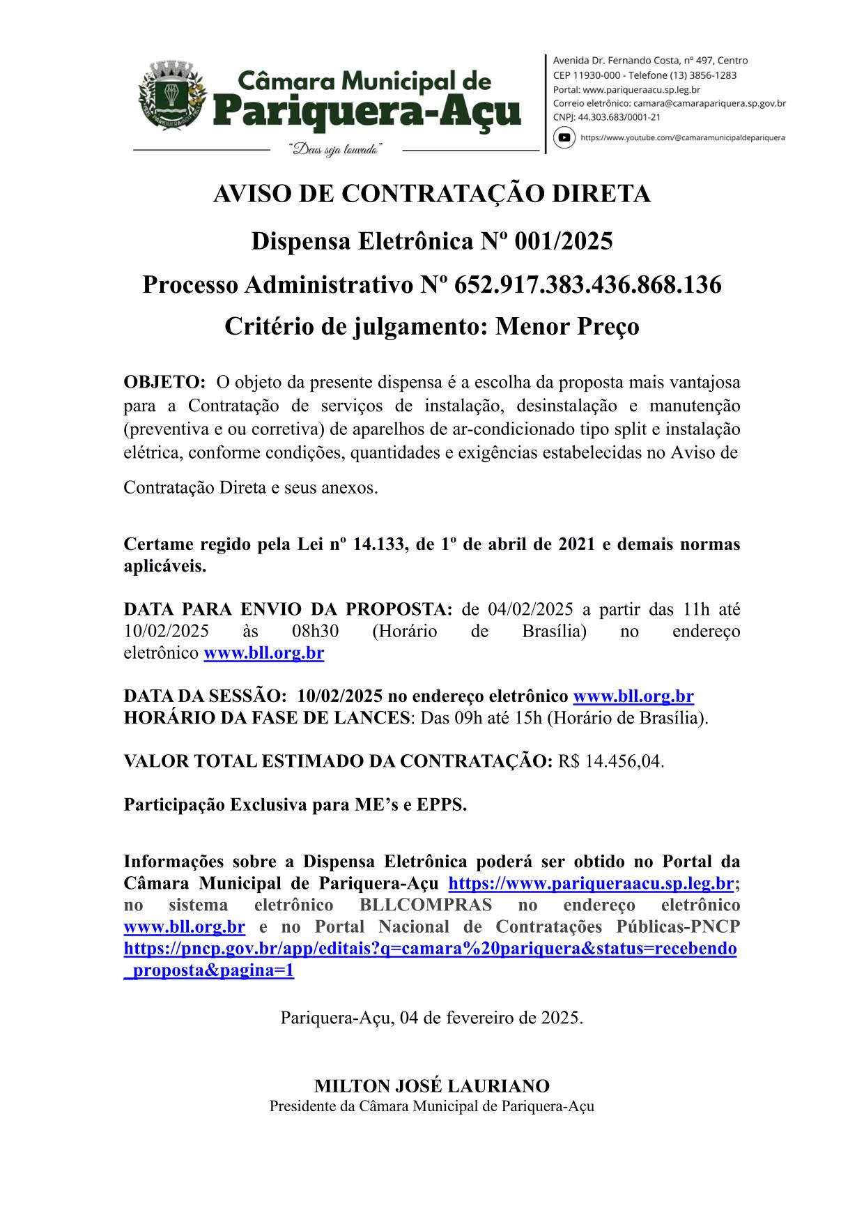 AVISO DE DISPENSA ELETRÔNICA Nº 001/2025