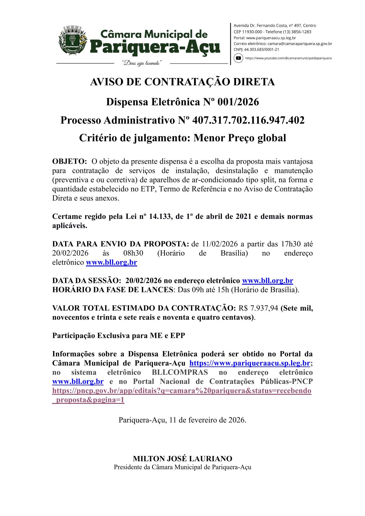 AVISO DE DISPENSA ELETRÔNICA Nº 001/2026