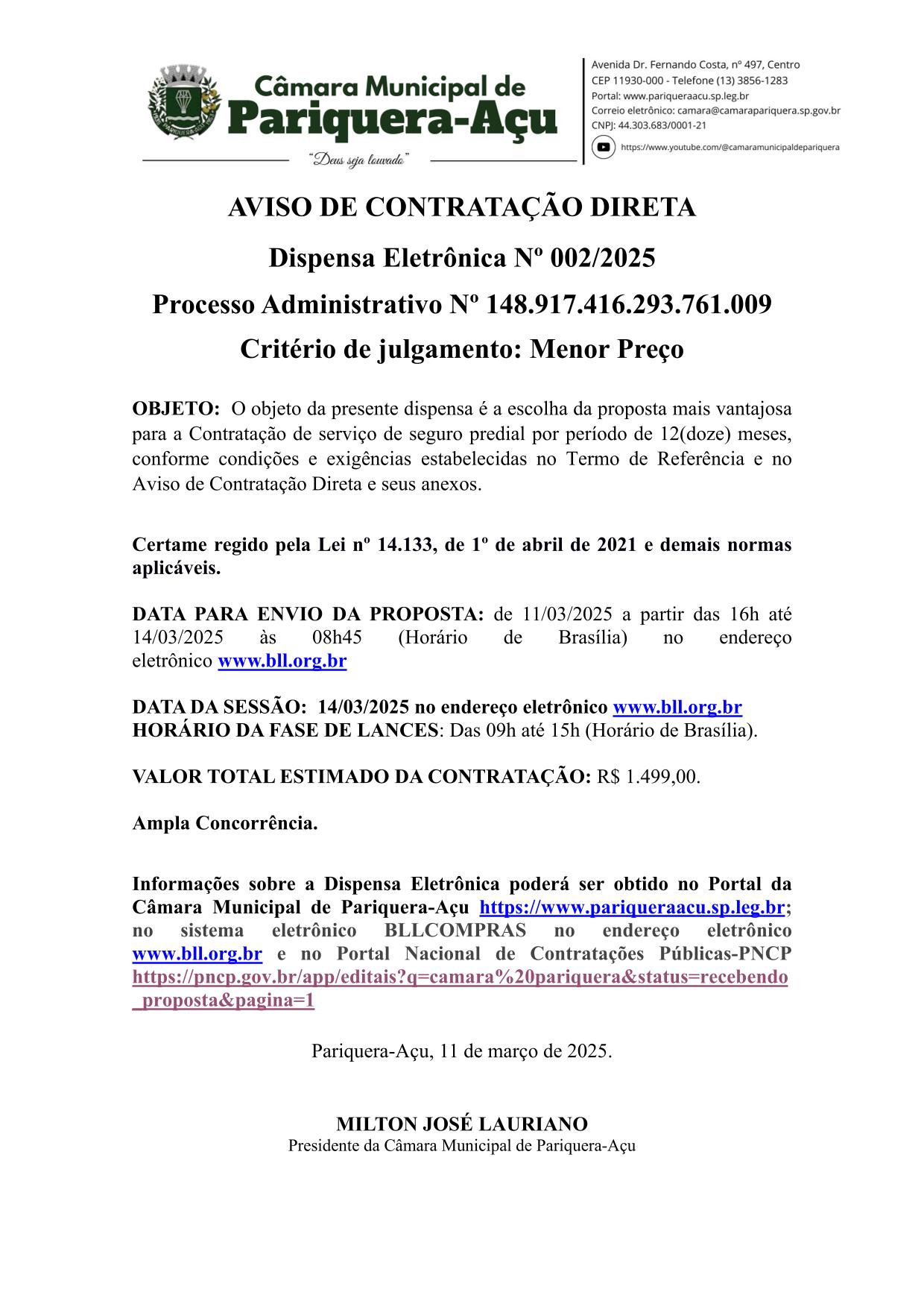 AVISO DE DISPENSA ELETRÔNICA Nº 002/2025
