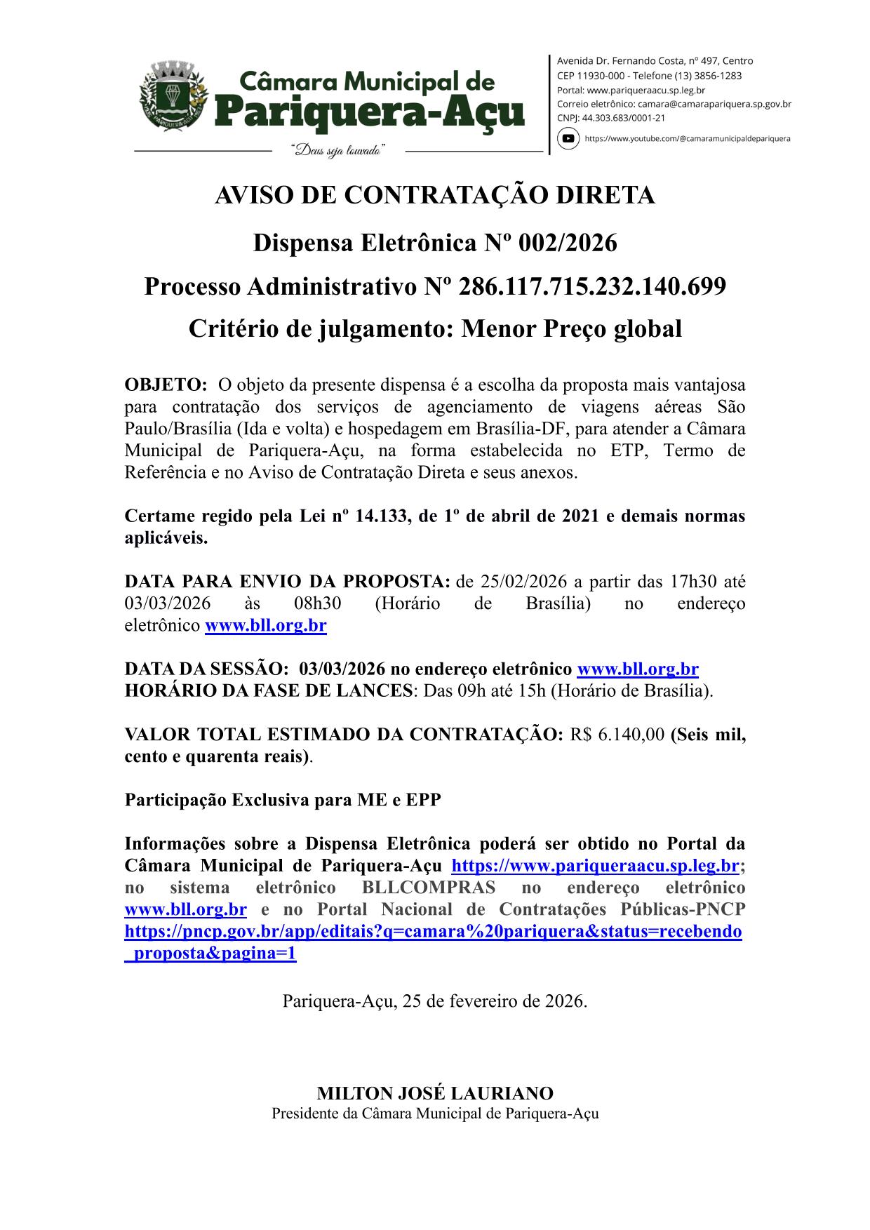 AVISO DE DISPENSA ELETRÔNICA Nº 002/2026