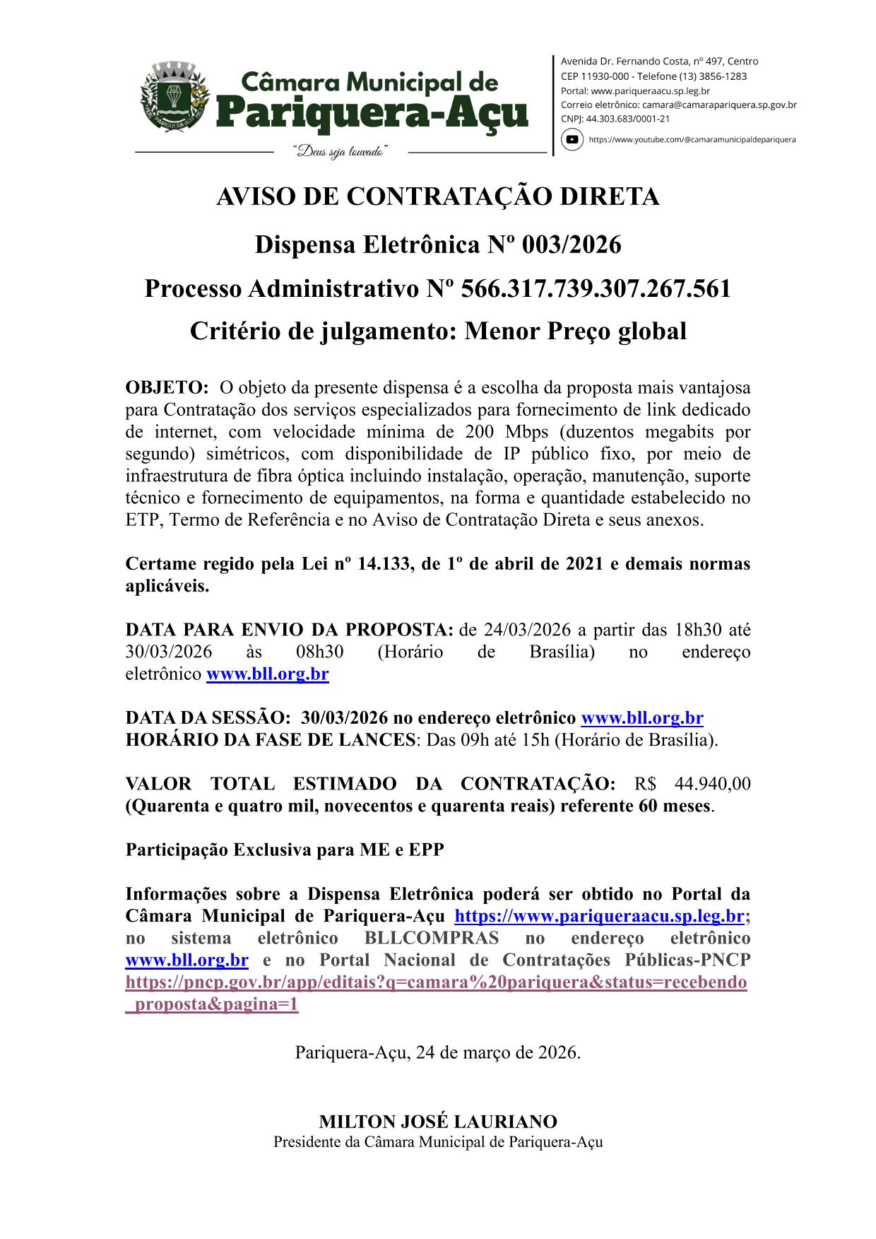 AVISO DE DISPENSA ELETRÔNICA Nº 003/2026