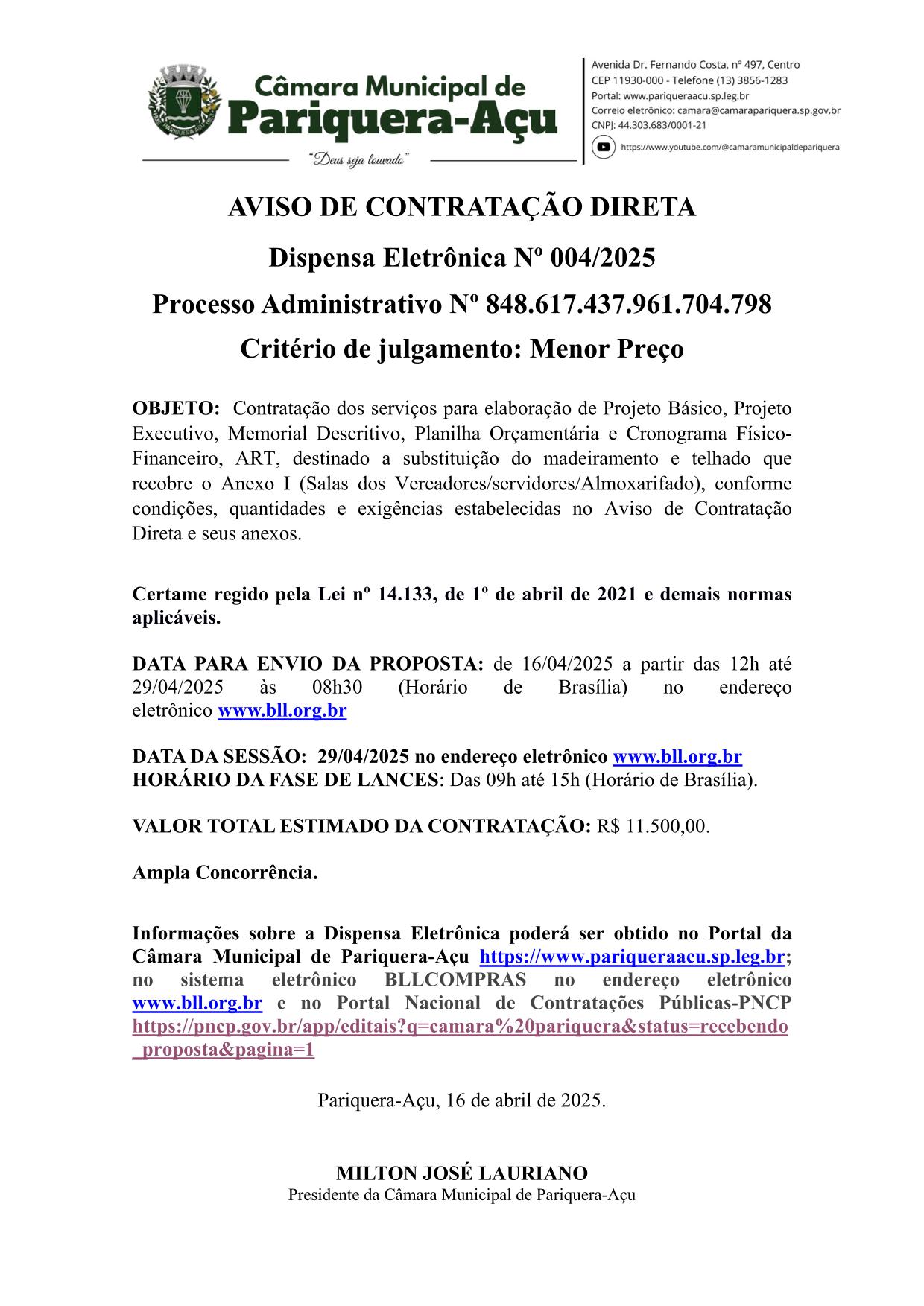 AVISO DE DISPENSA ELETRÔNICA Nº 004/2025