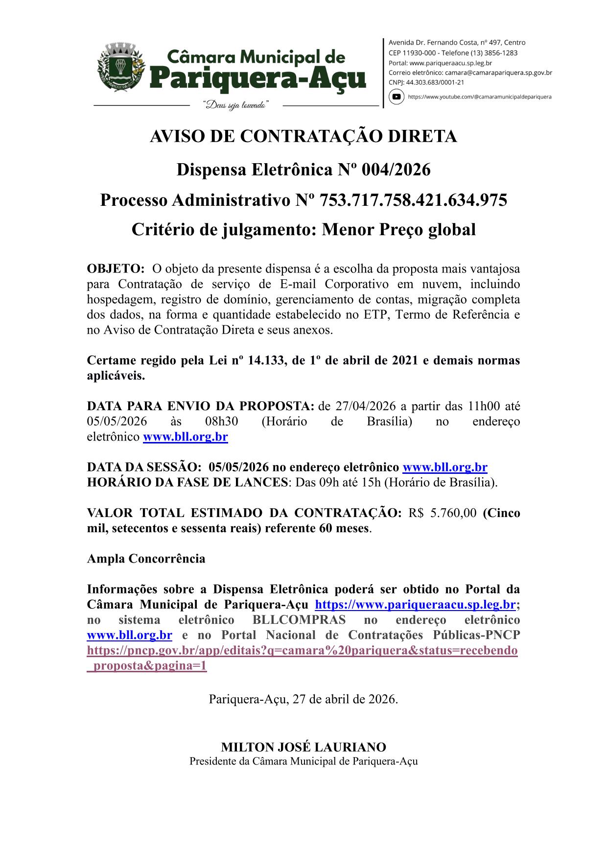 AVISO DE DISPENSA ELETRÔNICA Nº 004/2026