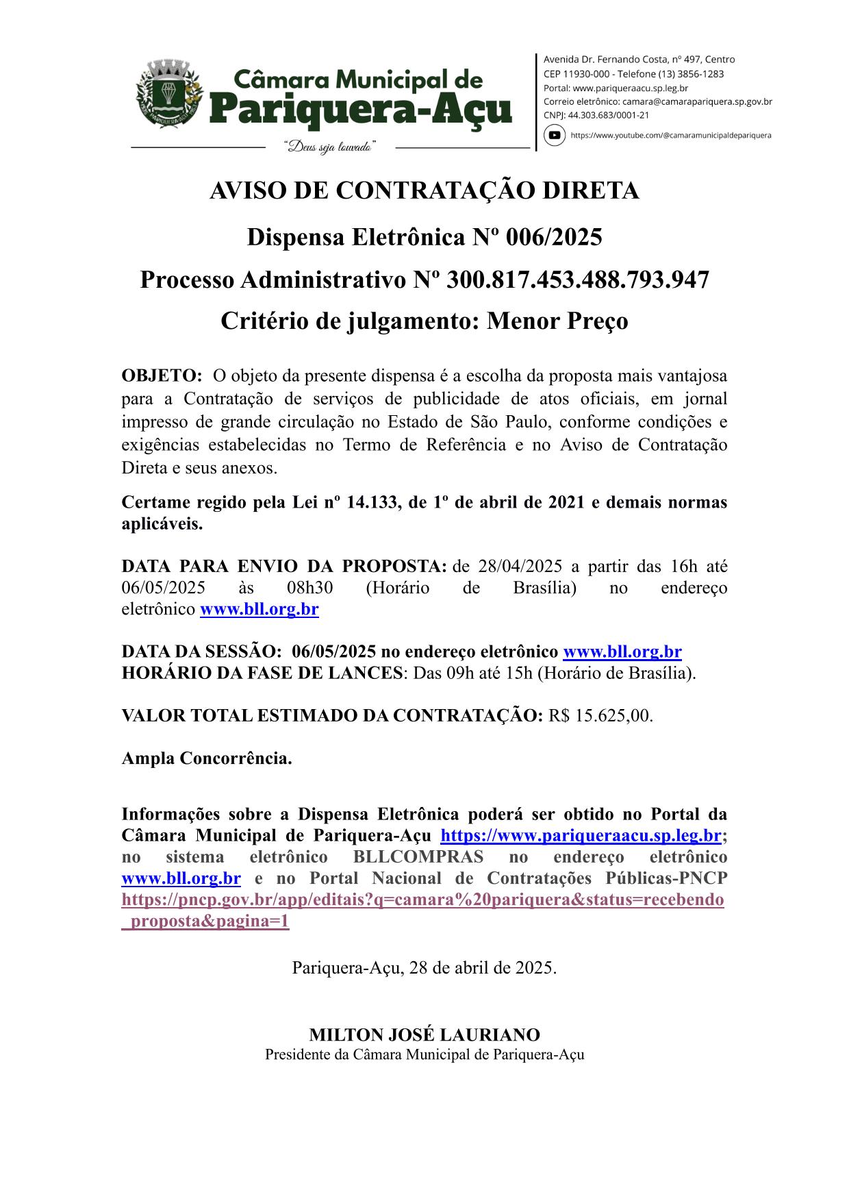 AVISO DE DISPENSA ELETRÔNICA Nº 006/2025