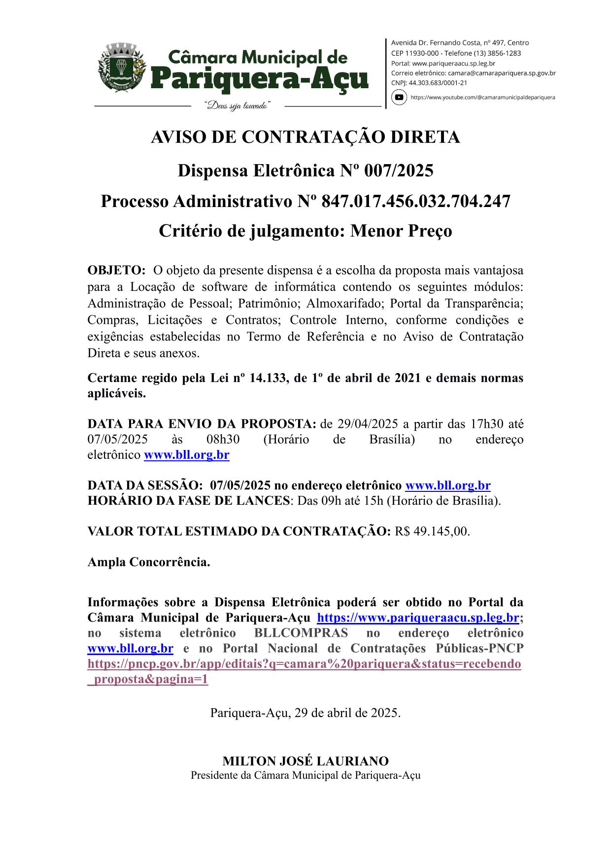 AVISO DE DISPENSA ELETRÔNICA Nº 007/2025