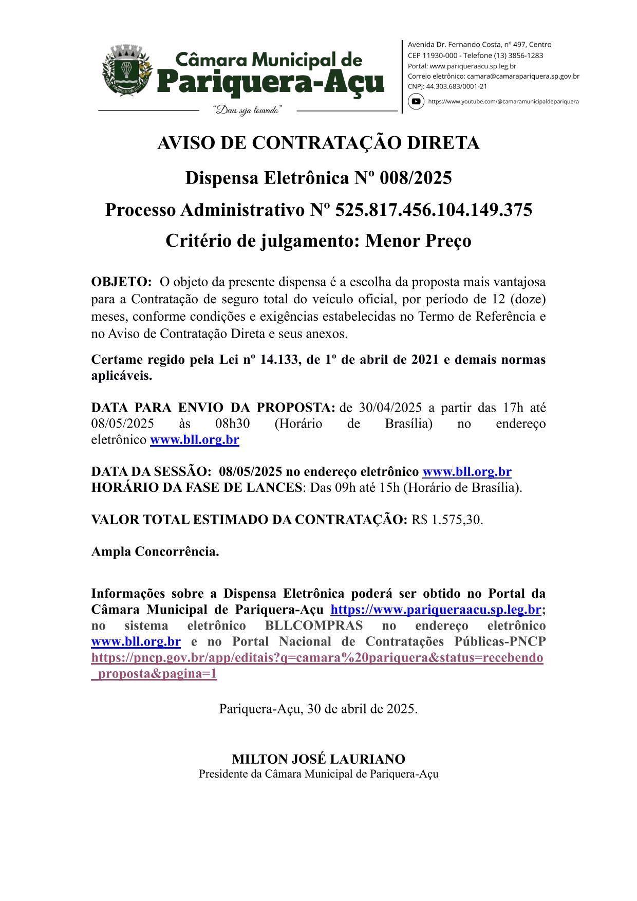 AVISO DE DISPENSA ELETRÔNICA Nº 008/2025
