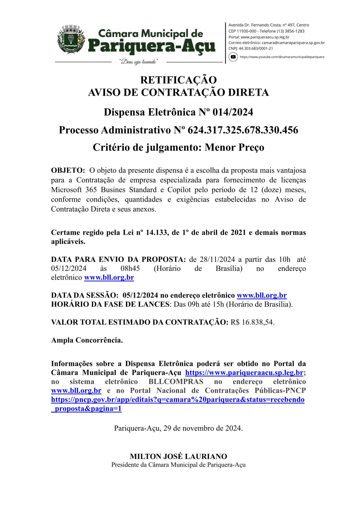 RETIFICAÇÃO DO AVISO DE DISPENSA ELETRÔNICA Nº 014/2024