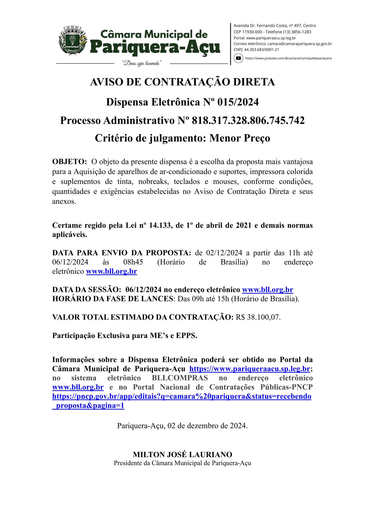 AVISO DE DISPENSA ELETRÔNICA Nº 015/2024