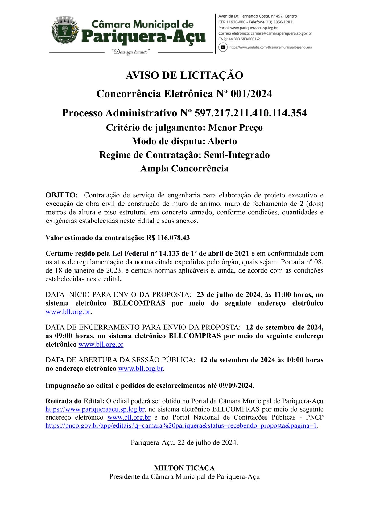 AVISO DE LICITAÇÃO CONCORRÊNCIA Nº 001/2024