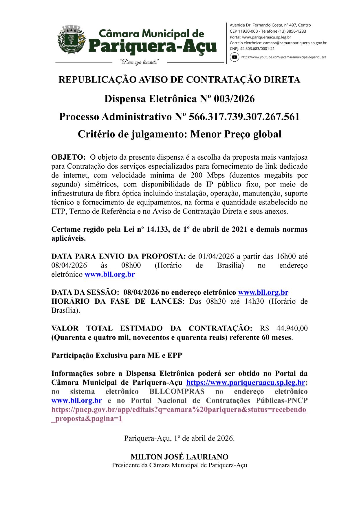 REPUBLICAÇÃO DO AVISO DE DISPENSA ELETRÔNICA Nº 003/2026